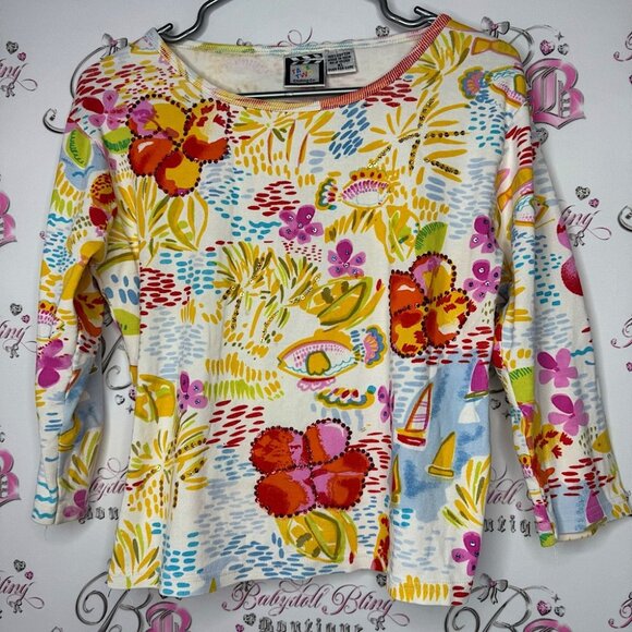 Take two clothing co sequin top paint water color sparkly fish tropical beach - Picture 1 of 10